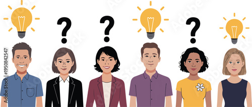 Diverse group of people with light bulbs and question marks, symbolizing ideas and confusion