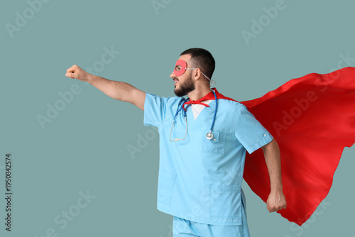 Male doctor dressed as supe...