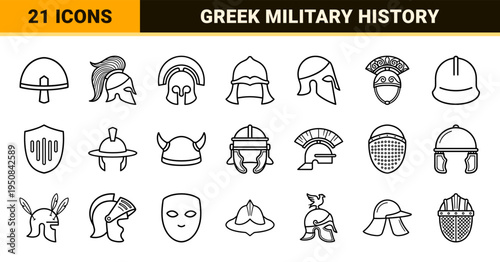 Ancient Greek Warrior Helmets Monoline Vector Graphics for Education. Minimalist Corinthian Military Headgear Symbols in Technical Line Art.
