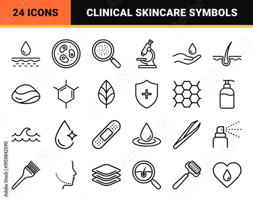 Dermatological Skincare Science Monoline Symbols for Clinical Analysis and Cosmetic Product Packaging Design