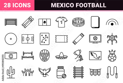 Professional Mexico soccer tournament monoline symbols featuring championship trophies, athletic gear, and national pride in a technical aesthetic.