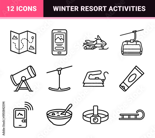 Professional Alpine Sports and Winter Recreation Line Art Symbols for Resort Navigation and Wayfinding Digital Interface Design.