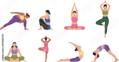 Set of eight diverse women performing various yoga poses, female figures practicing meditation and fitness
