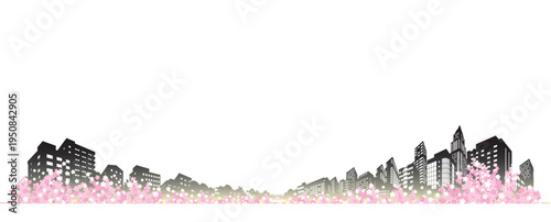 桜が咲く春の街並みイラスト. 