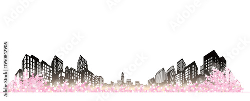 桜が咲く春の街並みイラスト. 