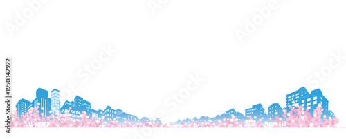 桜が咲く春の街並みイラスト. 