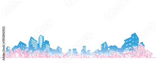 桜が咲く春の街並みイラスト. 