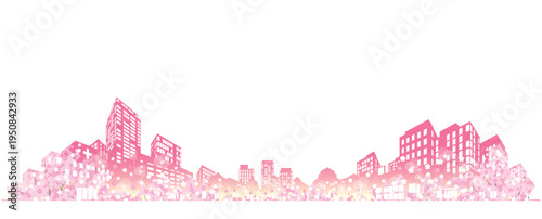 Spring in Japan: Cherry blossoms blooming inside skyscraper silhouettes.