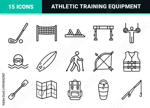 Sports and Active Lifestyle Monoline Outline Symbols for Digital Interface and Print Media Applications with Consistent Stroke Weight.