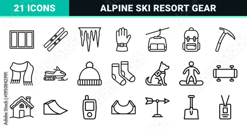 Winter Sports and Alpine Recreation Monoline Outline Symbols for Mountain Resort Branding and Outdoor Activity Equipment Technical Design.