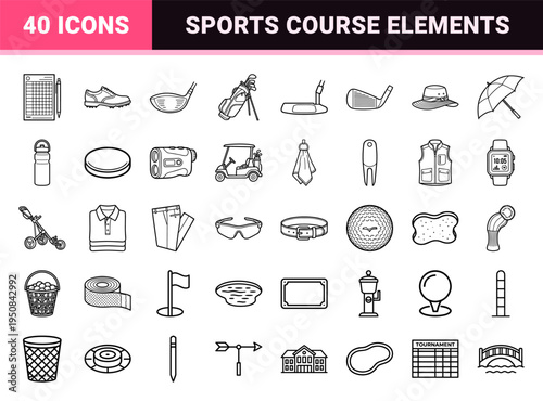 Professional Golf Equipment and Course Management Monoline Outlines for Sports Lifestyle Design and Athletic Branding Projects.