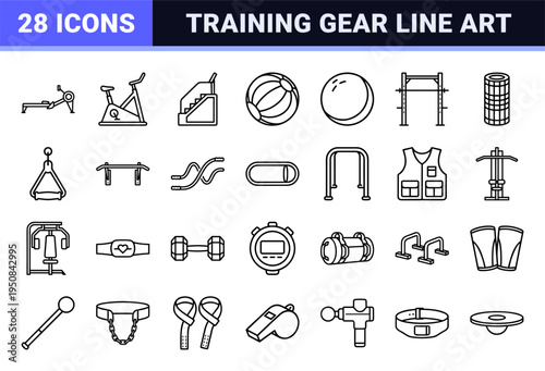 Gym Equipment Fitness Gear Monoline Symbols Technical Line Art for Athletic Facility Wayfinding and Workout Apps