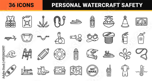 High-performance marine recreation and personal watercraft monoline symbols for nautical equipment and coastal activity interface design.