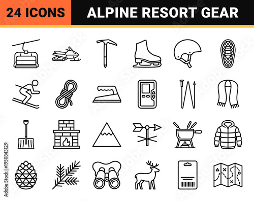 Winter Sports and Alpine Resort Monoline Outline Icons for Mountain Tourism and Skiing Equipment Retail