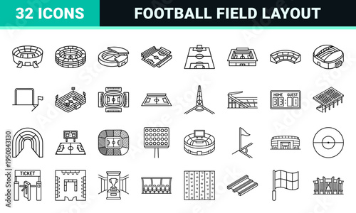 Soccer Stadium Architecture and Pitch Schematic Line Icons for Sports Infrastructure Design and Professional Athletic Venue Mapping