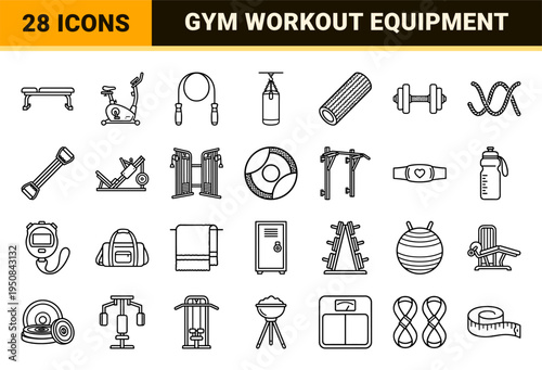 Functional Fitness and Bodybuilding Equipment Outline Symbols for Gym Interface Design and Athletic Branding Applications