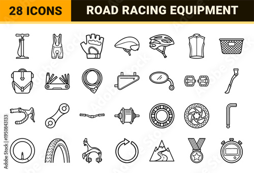 Professional Competitive Cycling and Urban Commuting Monoline Outline Symbols for Technical Diagrams and Wayfinding