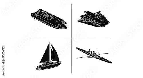 Set of 4 boat icons vector, sailboat, jet ski, speedboat