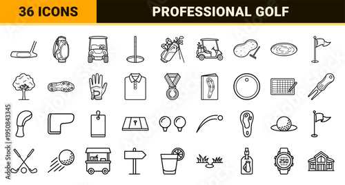 Professional Golf Tournament Equipment and Country Club Sports Gear Minimalist Monoline Outlines for Digital App Interface Design.