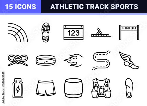 Athletic Running Motion and Fitness Performance Line Art. Technical monoline symbols for track racing and marathons.