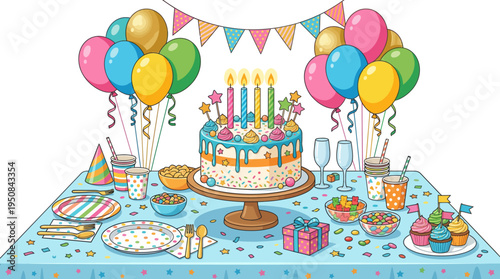 A festive birthday party scene with cake balloons decorations on table