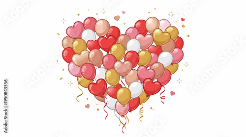 A festive heart-shaped cluster of colorful balloons floats gently upwards with ribbons and confetti.