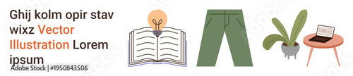 Education, creativity, fashion, home decor, productivity, minimalism. Open book with light bulb, pants plant and laptop. Education and creativity concept