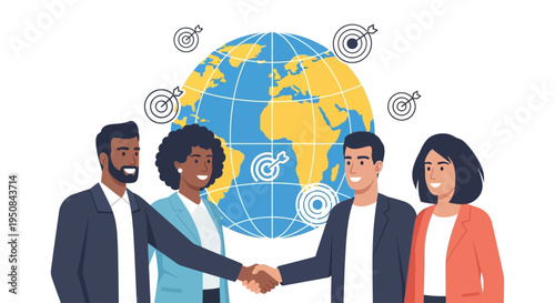 Diverse people shaking hands in front of a global map illustration