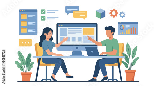 Two people are working together on a computer in an office setting with plants