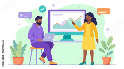 A woman explains a colorful graph on a computer screen to a man sitting on a stool in an office.