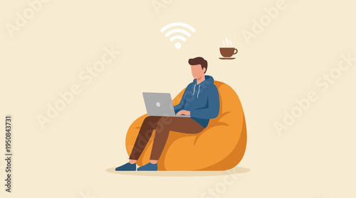 Man sits on beanbag chair with laptop and coffee cup nearby indoors