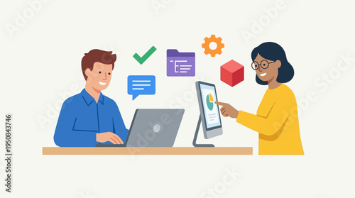 Two people collaborating on a project with a laptop and tablet on a desk