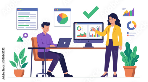 Two colleagues analyzing business data on computer and laptop at office desk