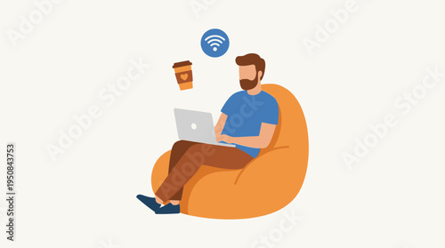 A man sits on an orange beanbag chair working on a laptop with a coffee cup and wireless signal nearby.
