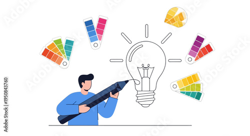 A man holding a giant pencil next to a lightbulb with color palettes floating around.