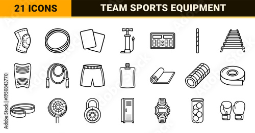 Minimalist monoline sports equipment and athletic gear outline illustrations for fitness and competitive training applications.