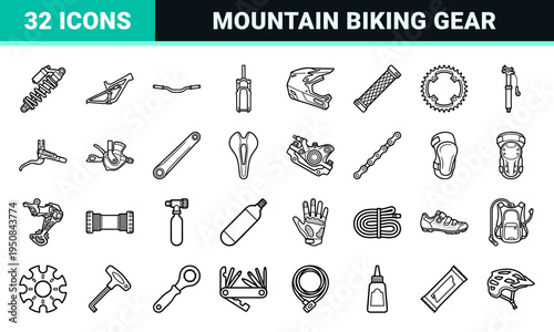 Monoline mountain biking and extreme cycling equipment outline graphics featuring sleek minimal bicycle components and protective gear.