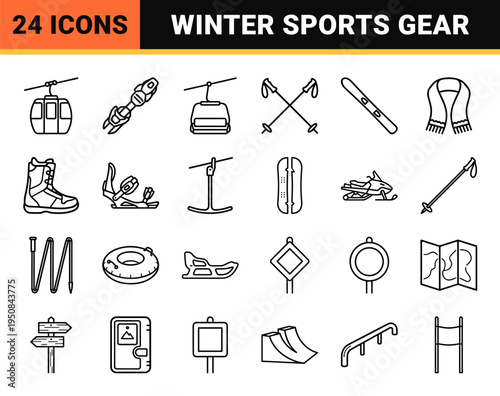 Winter sports and alpine skiing equipment elements in a technical monoline aesthetic for recreational mountain resort design and utility.