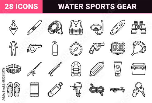 Water sports and marine equipment in a minimalist neo-line art aesthetic with sleek monoline outlines for professional maritime design.