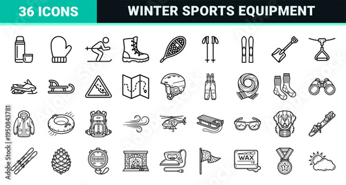 Monoline alpine winter sports and skiing recreation elements in minimalist black outline aesthetic for digital interface design.