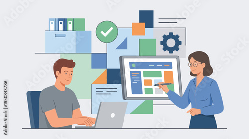 Business colleagues discuss project on laptop and tablet screen charts