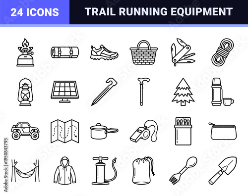 Minimalist neo-line art graphics representing outdoor adventure and trail running gear in a sleek uniform technical monoline aesthetic.