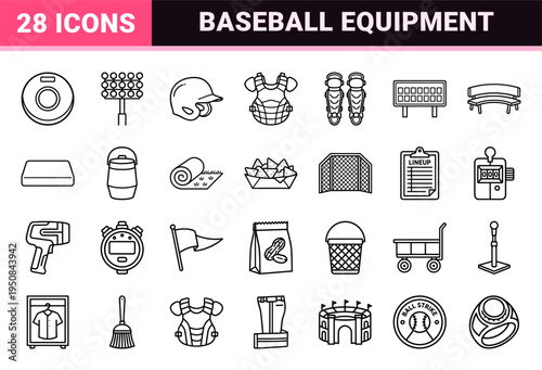 Minimalist baseball and softball sports equipment line art elements featuring sleek uniform strokes for athletic gear and stadium graphics.