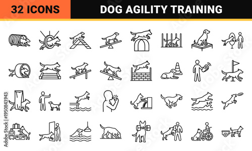 Canine sports and agility training equipment outline set for competitive athletic performance utilizing precise monoline aesthetic.