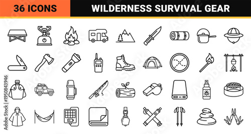 Outdoor Adventure and Wilderness Camping Monoline Outlines for Technical Map Design and Travel Apps