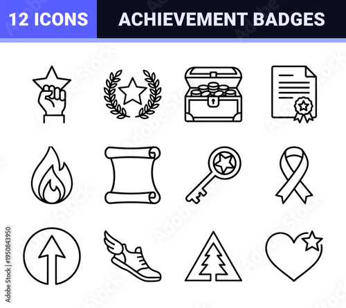 Achievement and gamification reward symbols for digital interfaces featuring minimalist black and white monoline outline aesthetics.