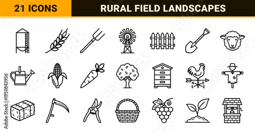 Rural agriculture and farming landscape elements in a bold black monoline badge aesthetic for commercial farm branding.