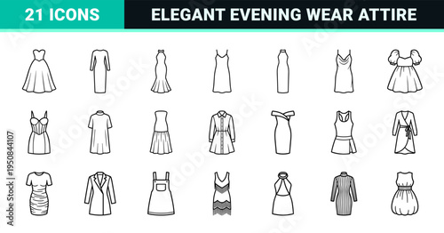 Sleek minimalist women fashion dresses and bridal gowns linear outlines for boutique retail design and elegant tailoring aesthetics.