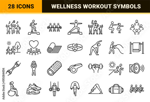 Group Fitness and Community Wellness Monoline Symbols Featuring Minimalist Human Figures and Gym Equipment in Uniform Technical Line Art.