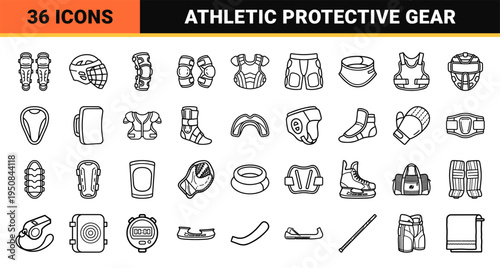 Black and white linear outline sports protective gear and athletic equipment symbols for sports safety and team athletics